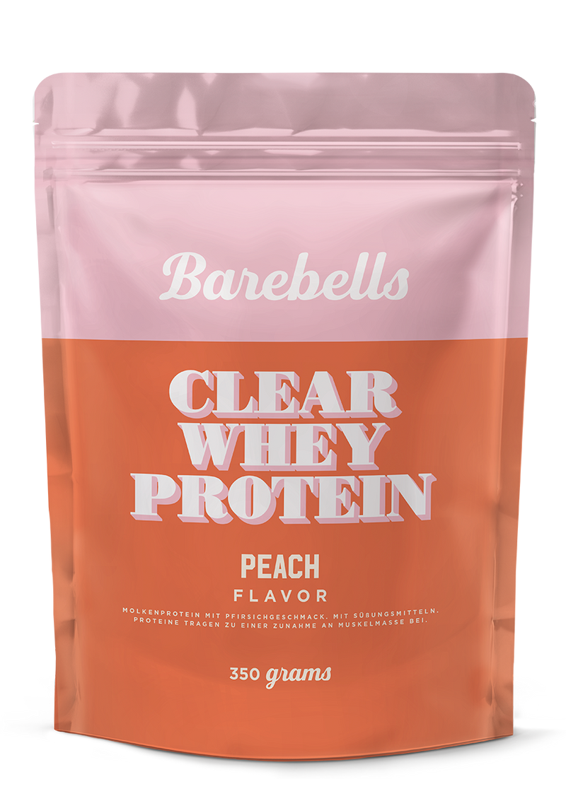 Barebells Clear Whey Protein Peach Flavor 350g pouch in pink and orange