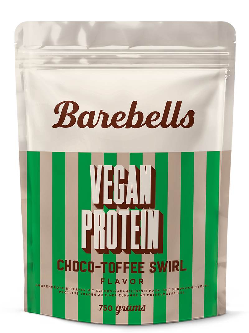 Barebells Vegan Protein Choco-Toffee Swirl powder in 750g pouch with green and beige striped design
