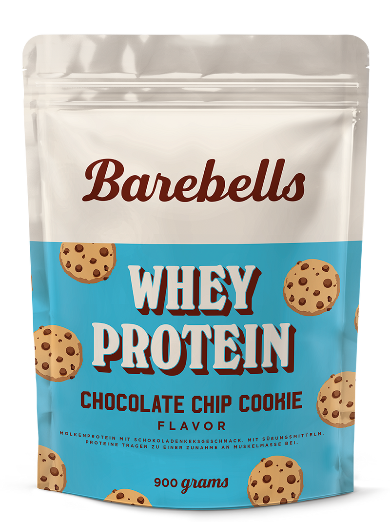 Barebells Whey Protein Chocolate Chip Cookie powder in 900g pouch with blue background and cookie illustrations